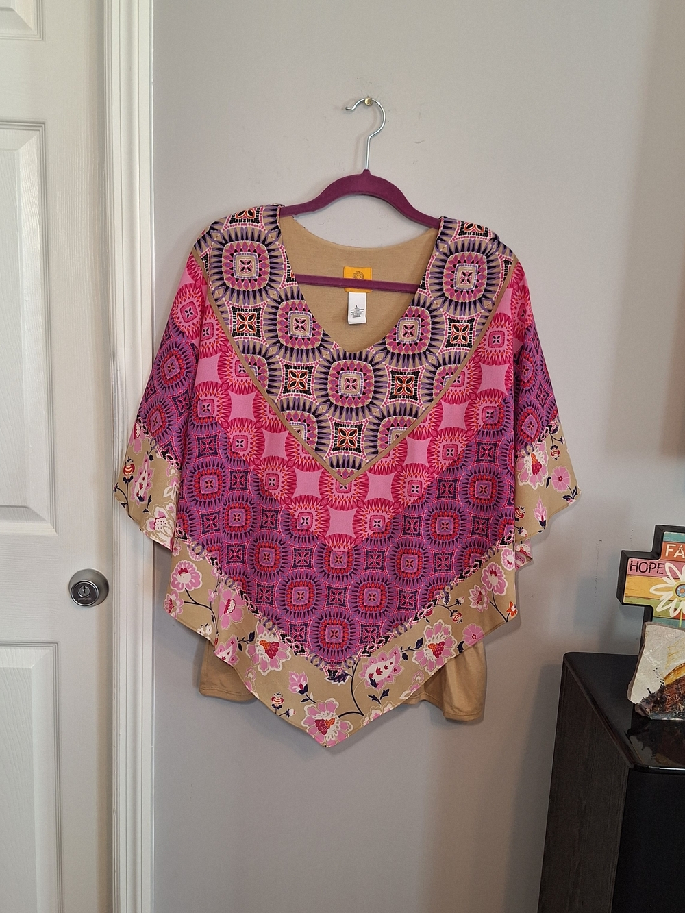 Ruby Rd. Pink and Beige Geometric Floral V-Neck Poncho Style Top